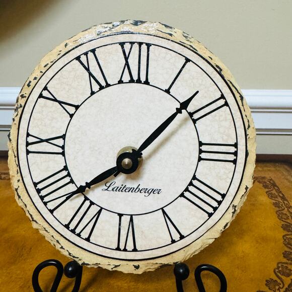 Laitenberger Stone Slate 6" Roman Numeral Battery Operated Round Clock w Stand - Picture 2 of 6